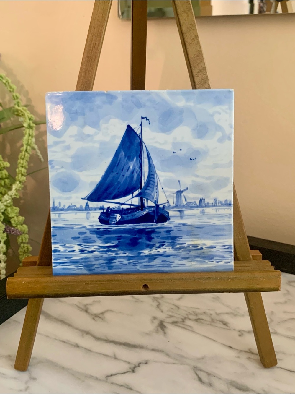 Delft Blue Sailboat Ceramic Tile Art 4X4